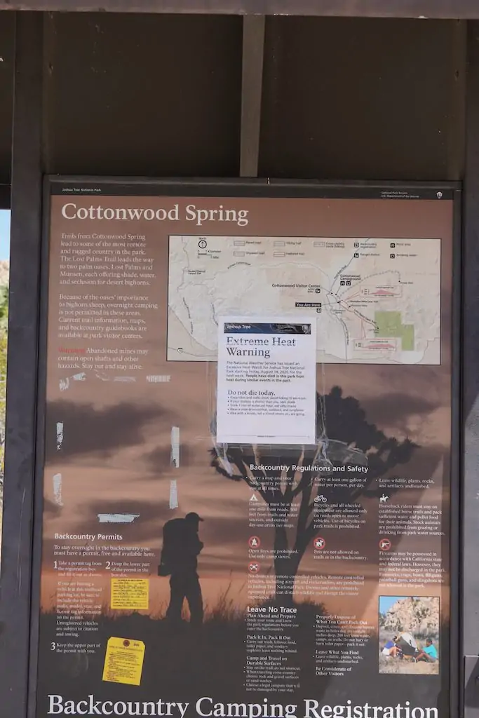 The signboard of Cottonwood Spring map and some warning in Joshua Tree National Park