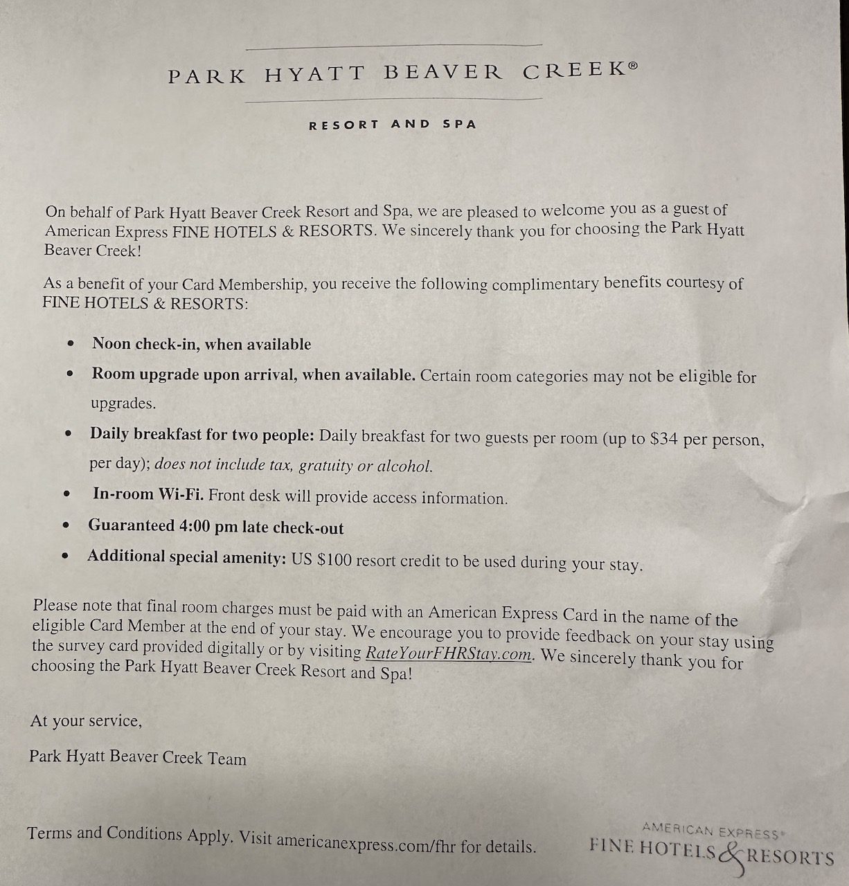 Park Hyatt Beaver Creek - Amex FHR Benefits - Tomo Travel & Camping ディズニークルーズ 初日の出航パーティー