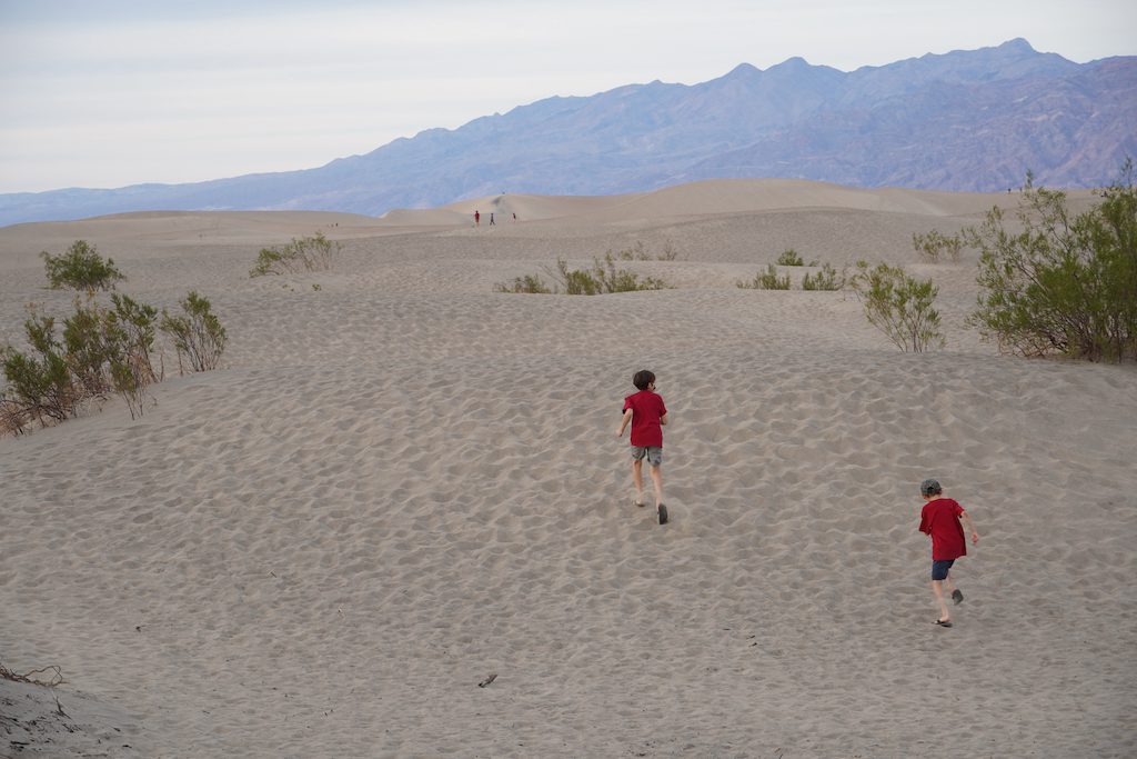 Two boys are running and kicking sands off at Sand Dunes.