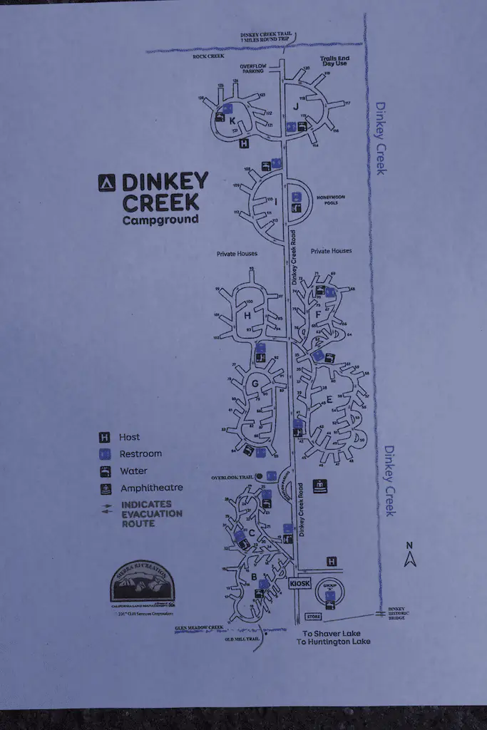 The map of Dinkey Creek Campground.