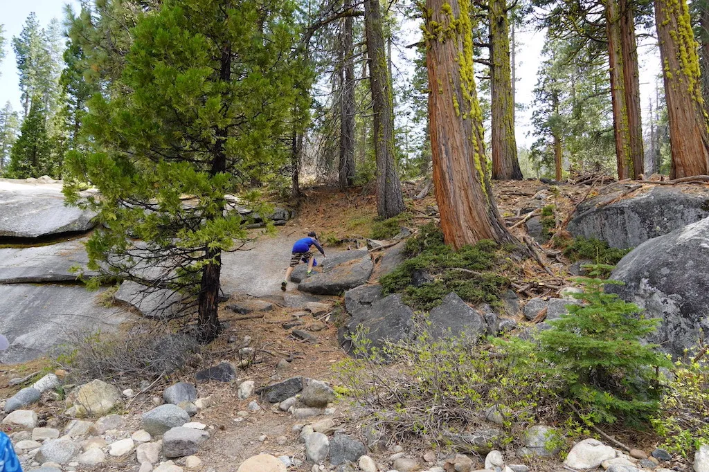 A boy is going up on the unpaved hill.