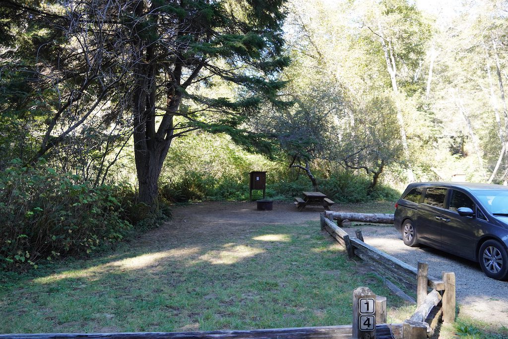Campsite #14 at Van Damme State Park and parking lot.