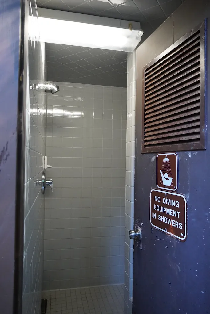 Shower facility at Van Damme State Park campground in California.