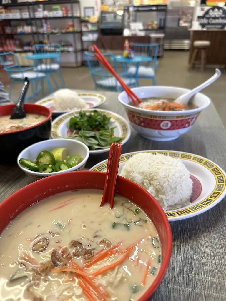 Coconut Chicken soup and jasmine rice on the table at a Cambodia restaurant in Salida, Colorado.