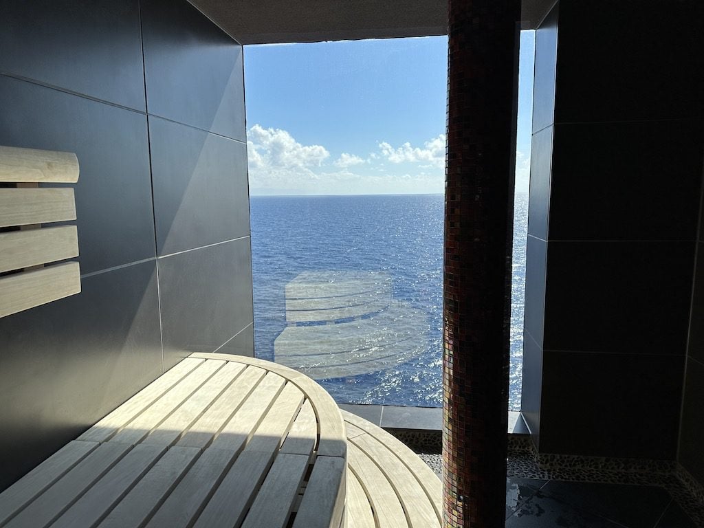 Sauna room and shower rooms with colorful tiles on Disney Cruise Dream.