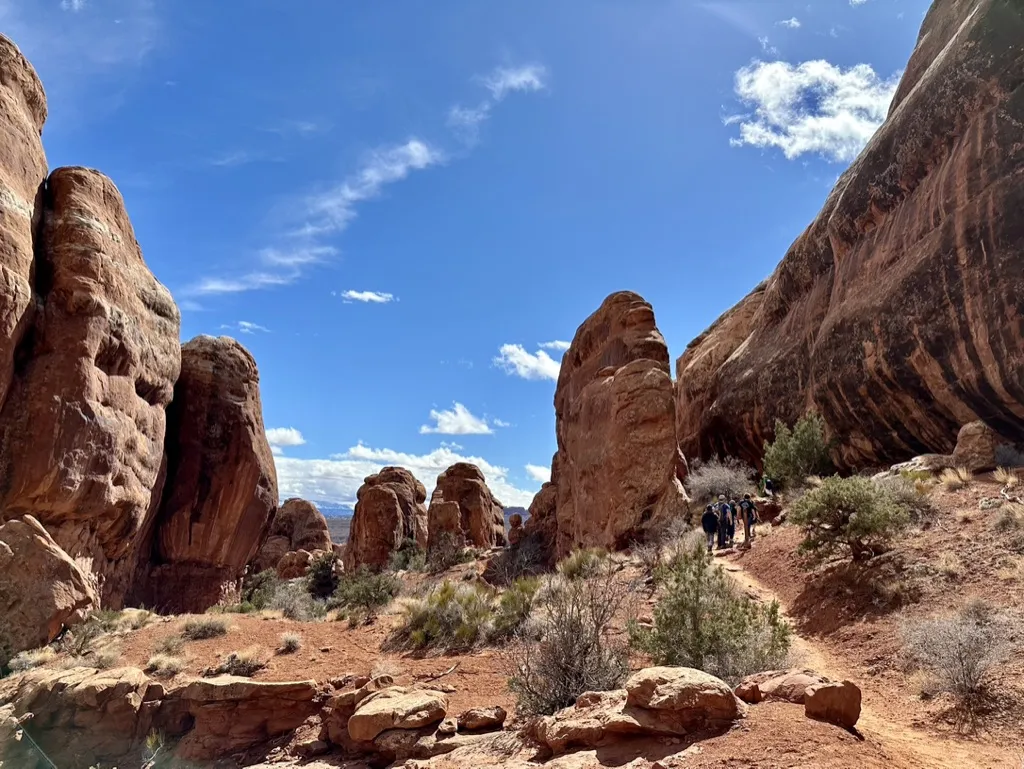 The beautiful blue sky and red rocks from Fiery Furnace Trail in Arches National Park in Utah.