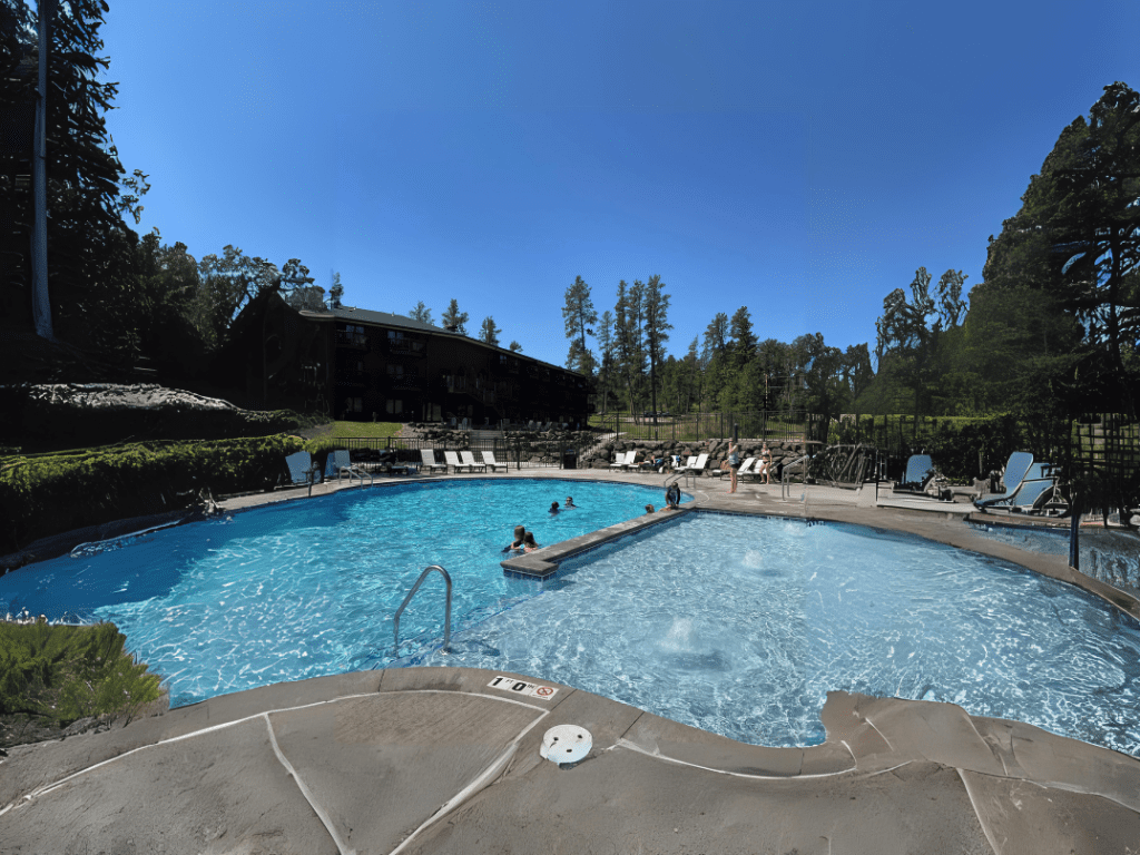 Outdoor swimming pool at a KOA campground surrounded by forest, with lounge chairs and families enjoying a sunny day — perfect for summer camping trips