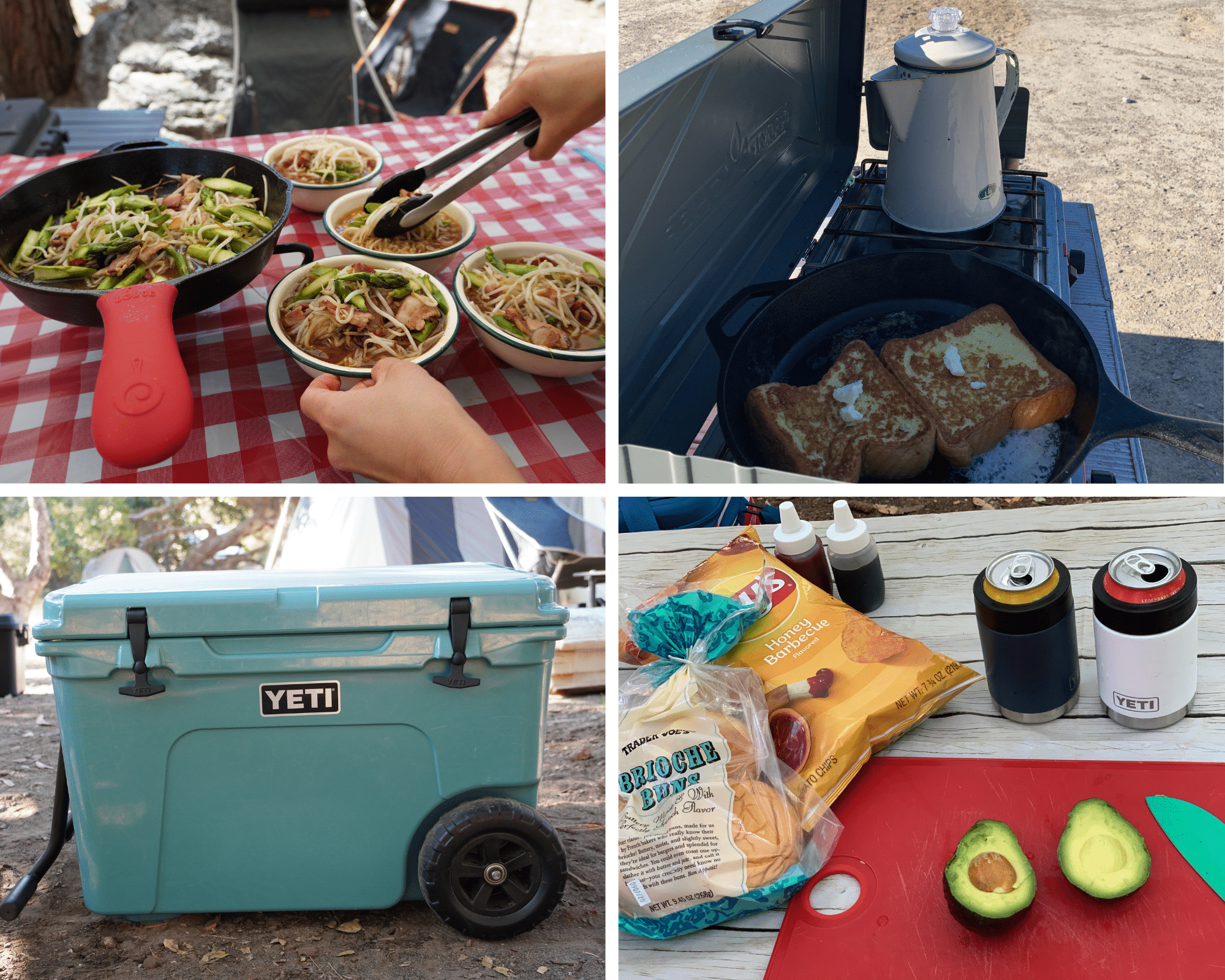 Camping kitchen items: Yeti cooler, cast iron, kettle, and avocado on the red cutting board.