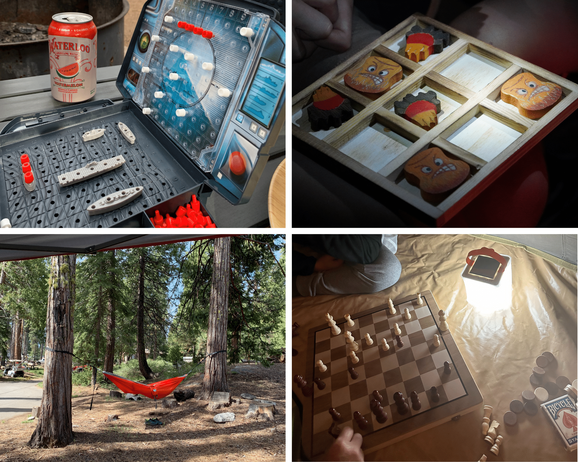 Camping games, tic tac toe, and chess.