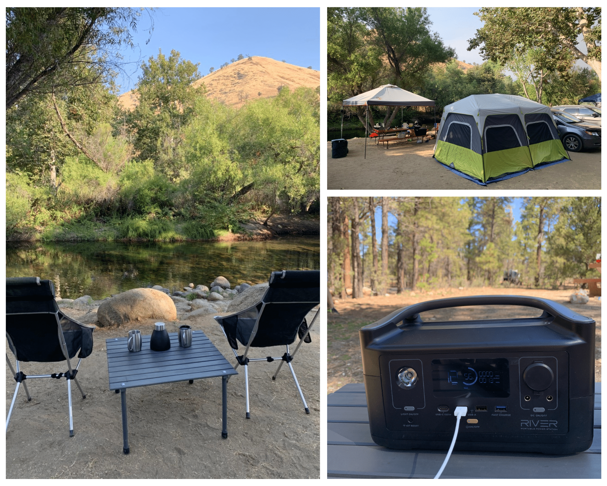 Camping gear: Portable electric charger, camping chairs and table.