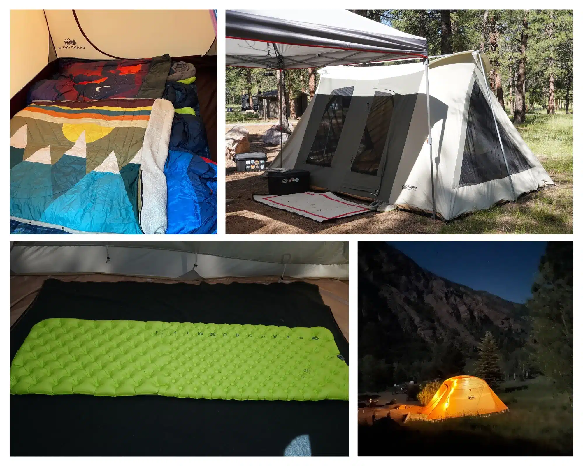 Canvas tent, illuminated tent, Sleeping bags and Sleeping pads.