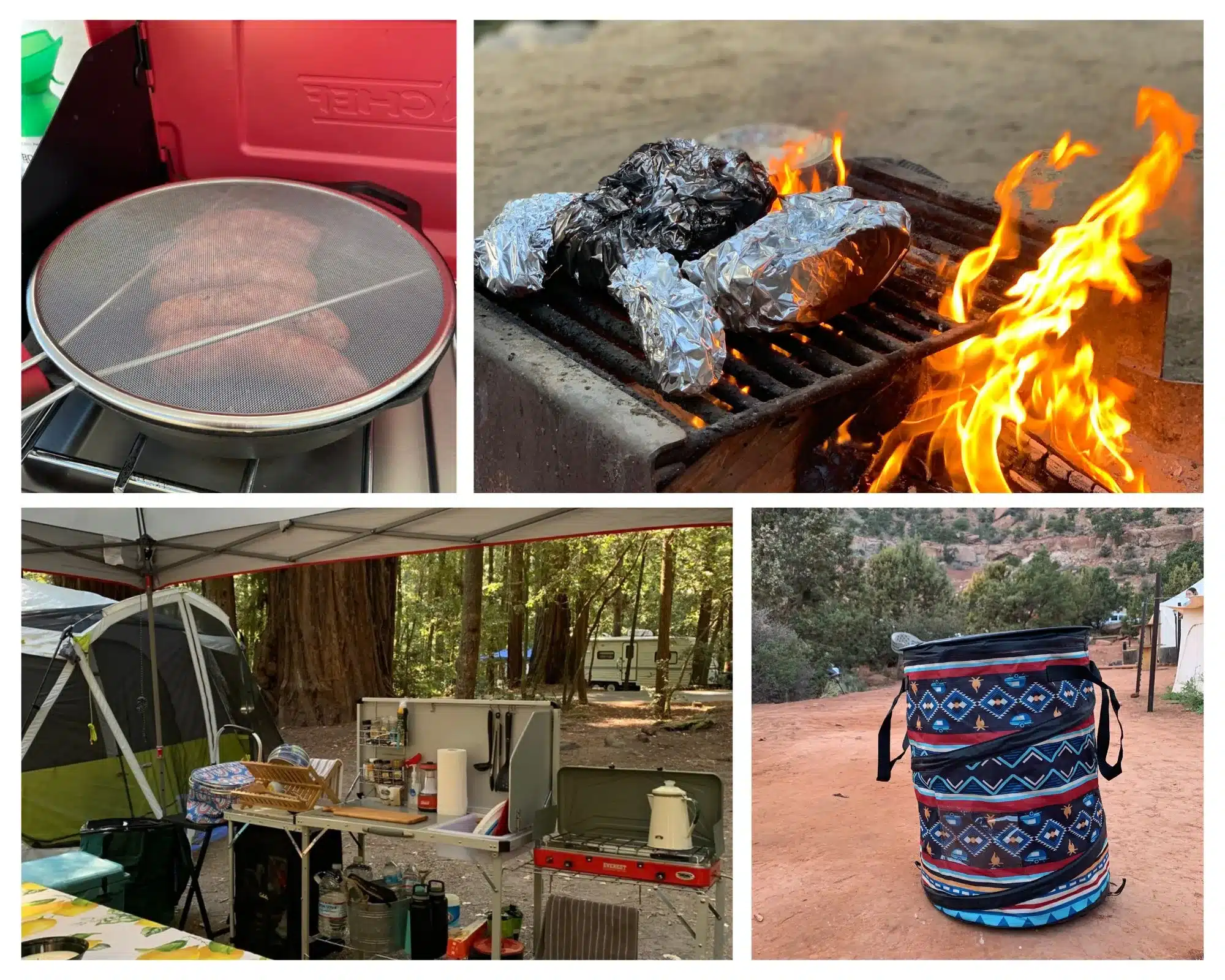 Camping gear: Trash can, camp kitchen, food on the BBQ Grill.