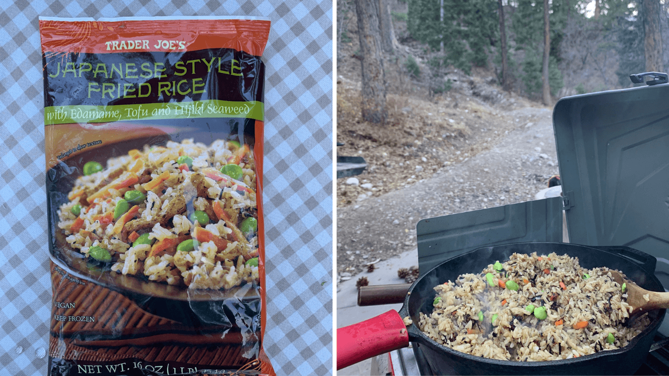 Camping Food Rice - Tomo Travel & Camping The package of Trader Joe's Japanese Style Fried Rice and it's being stir fried on the cast iron at a campground.