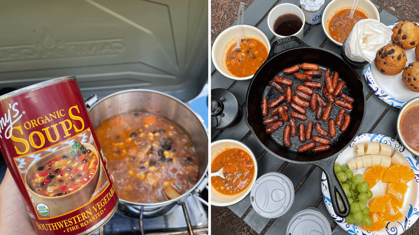 Camping Food Soup - Tomo Travel & Camping Organic Soup can and camping breakfast on the table with the soup.
