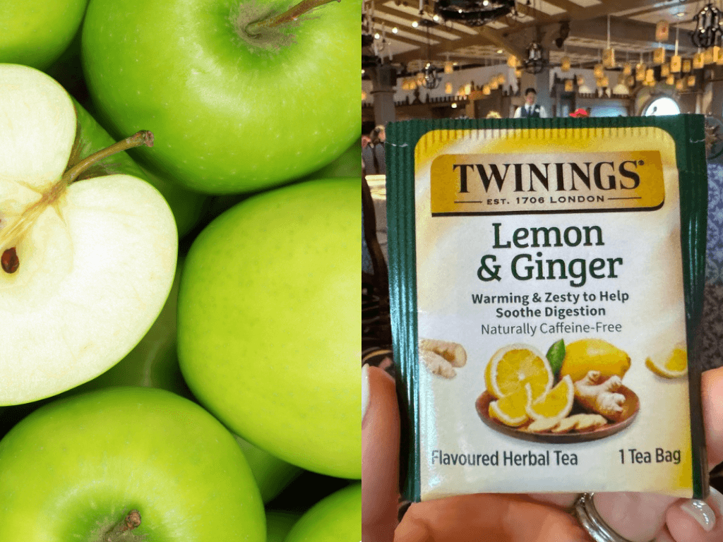Disney Cruiser Seasickness Green Apple and Ginger Tea - Tomo Travel & Camping Green Apples and a lemon& ginger tea bag.