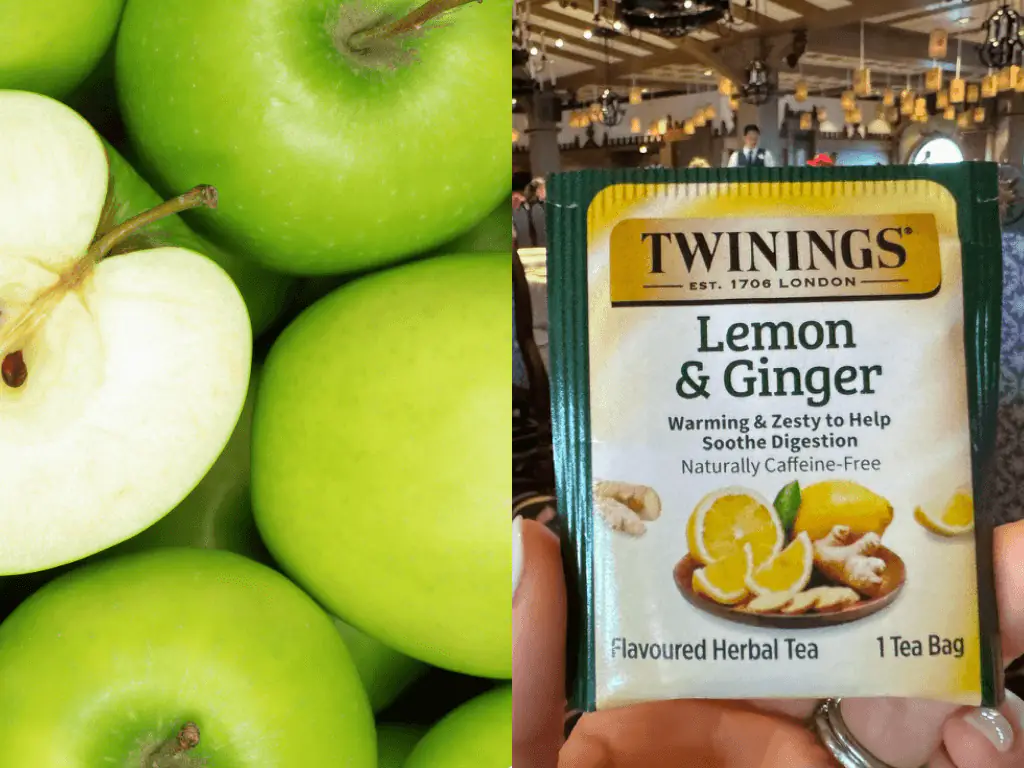 Green Apples and a lemon& ginger tea bag.