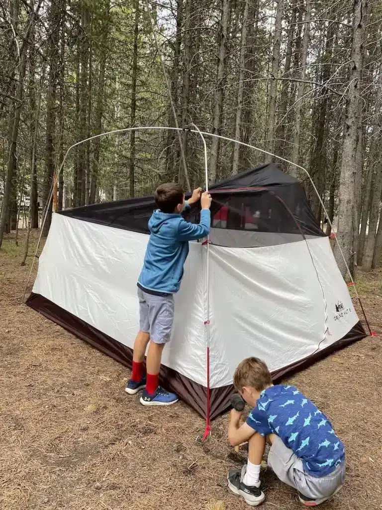 two boys halfway setting up a tent with the tent poles in the middle of the woods with tall trees