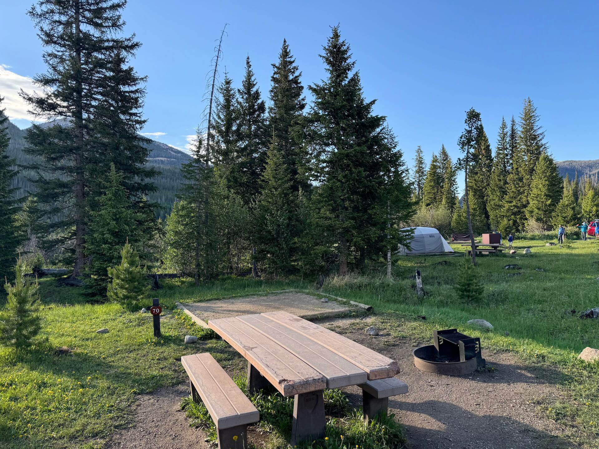 Spacious campsites with a picnic table & bench, fire ring and tent pad.