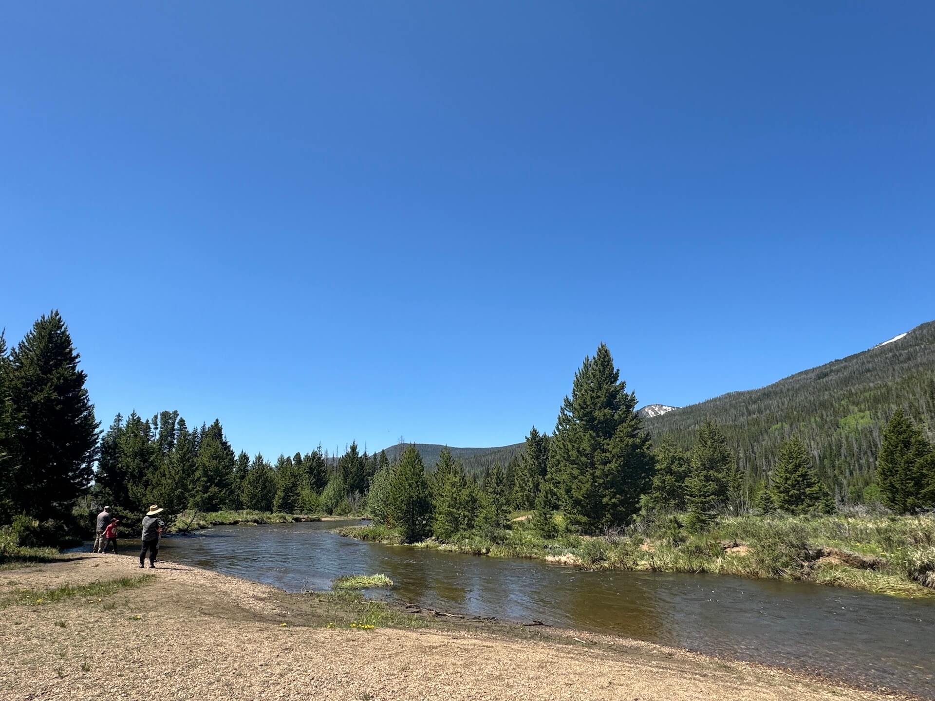 People are doing fly fishing by clean river under Rocky Mountains.