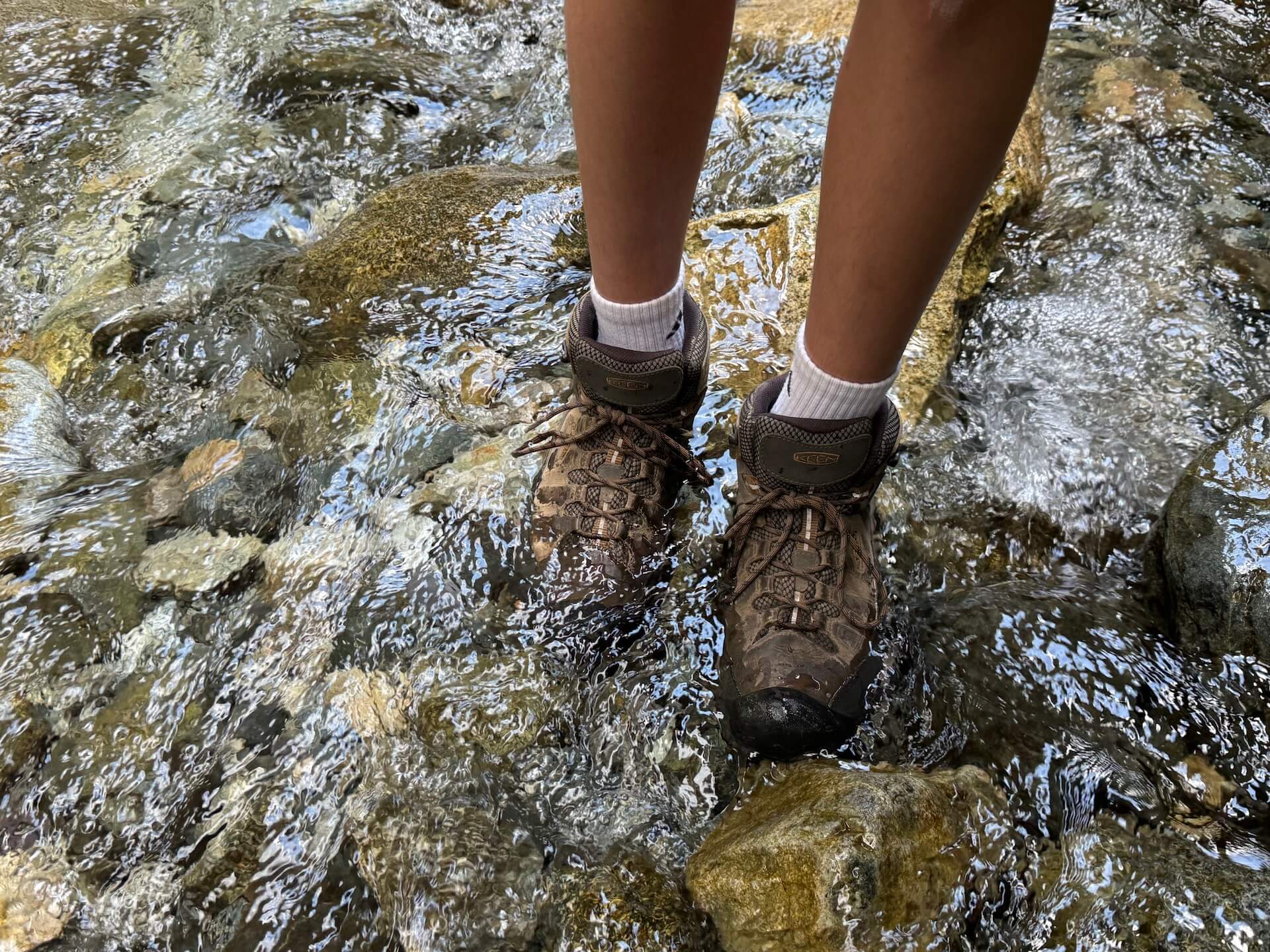 Keen boots that stay dry even when walking through water.