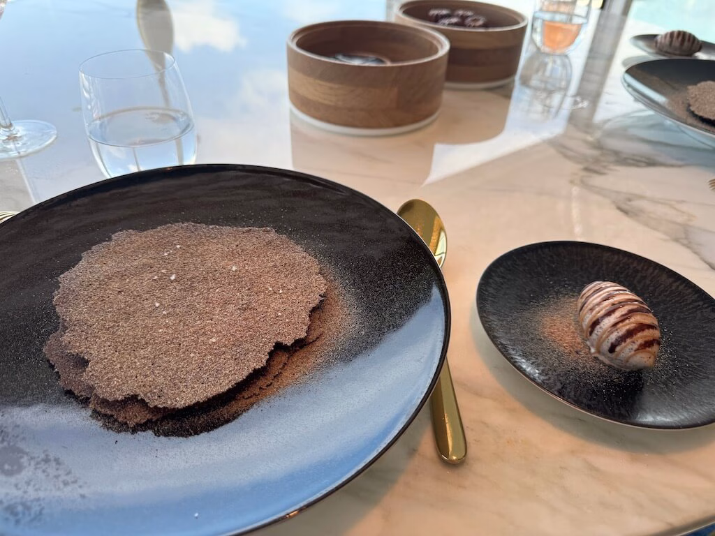 The chocolate cream dessert served at Enchanté on the Disney Wish.