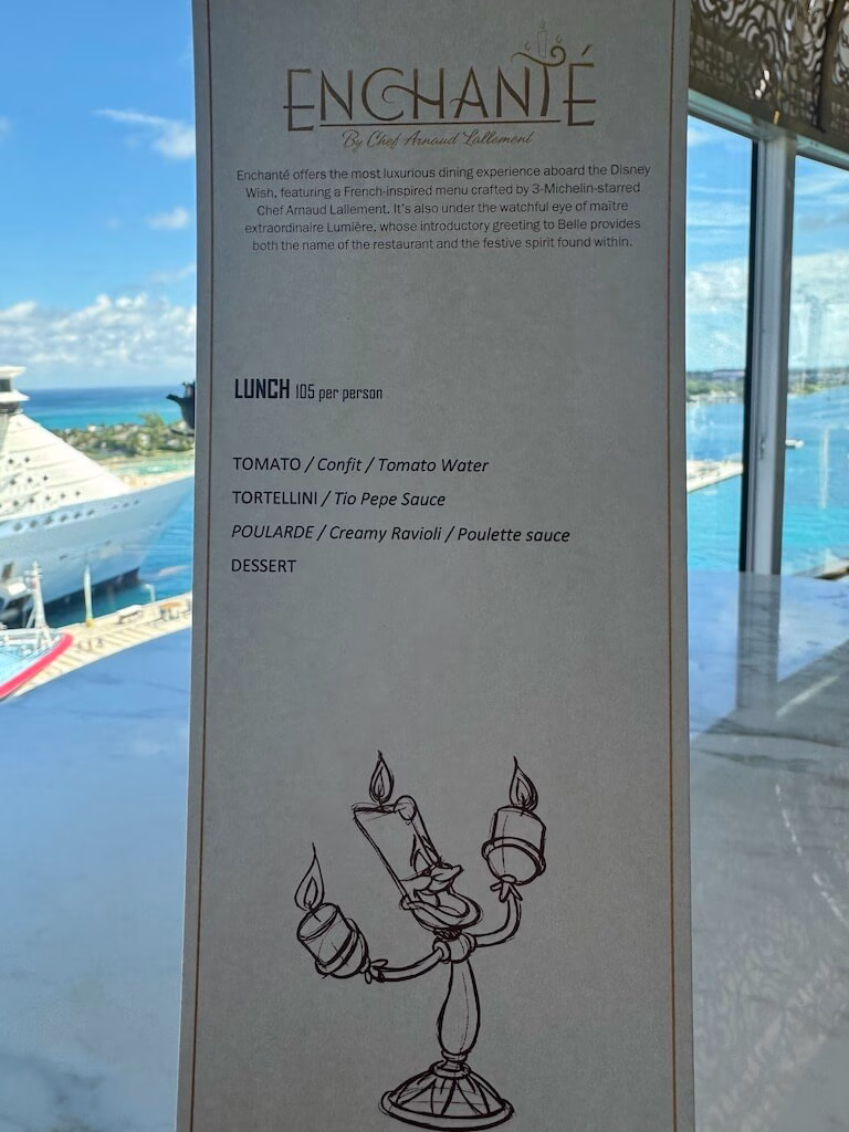 The lunch menu at Enchanté on the Disney Wish