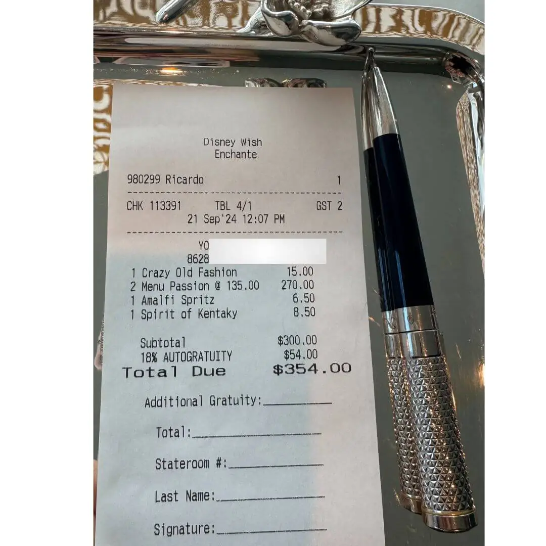 The receipt from the branch at Enchanté on Disney Cruise Wish.