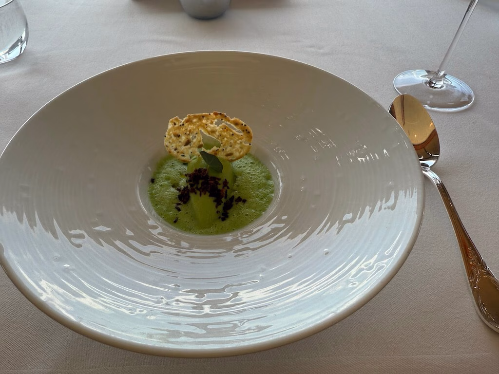 Chilled green pea soup served as part of the lunch course at Remy, the adults-only restaurant on the Disney Cruise.