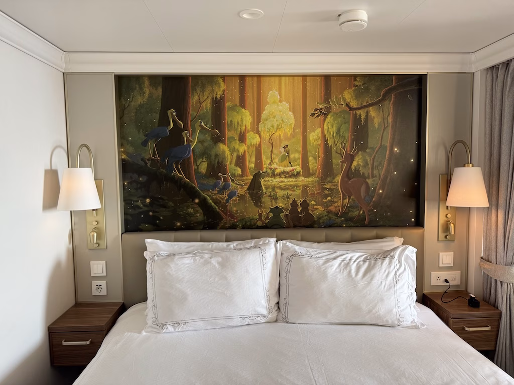 A stateroom on the Disney Cruise Line's Disney Wish adorned with artwork featuring Princess Tiana.