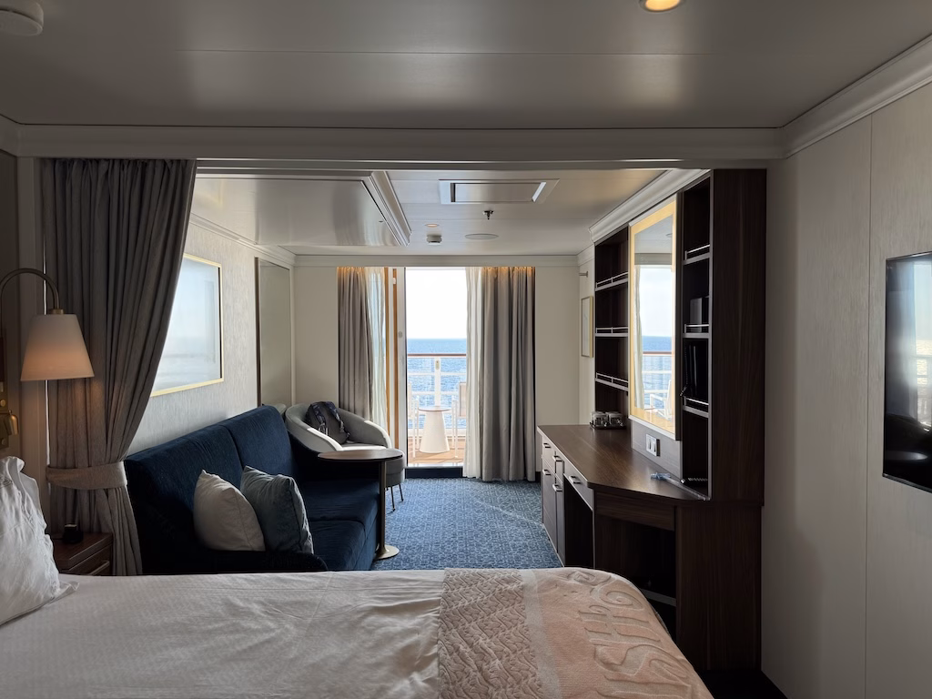 The view from the entrance of a veranda stateroom on the Disney Wish cruise ship.