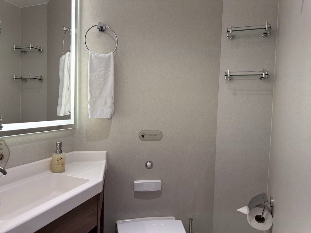 The bathroom in a veranda stateroom aboard a Disney Cruise Line ship.