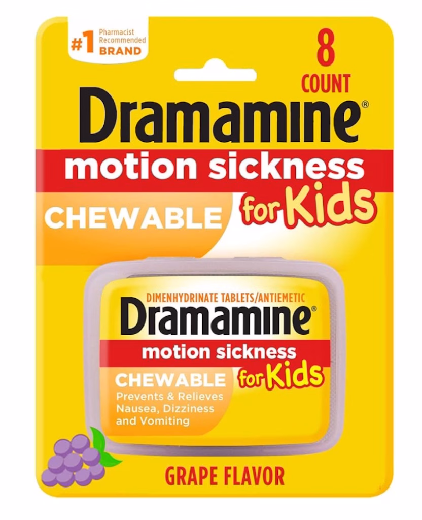 Dramamine motion sickness chewable for kids with grape flavor will prevent and relieves nausea and vomiting from sea sickness on Disney Cruises.