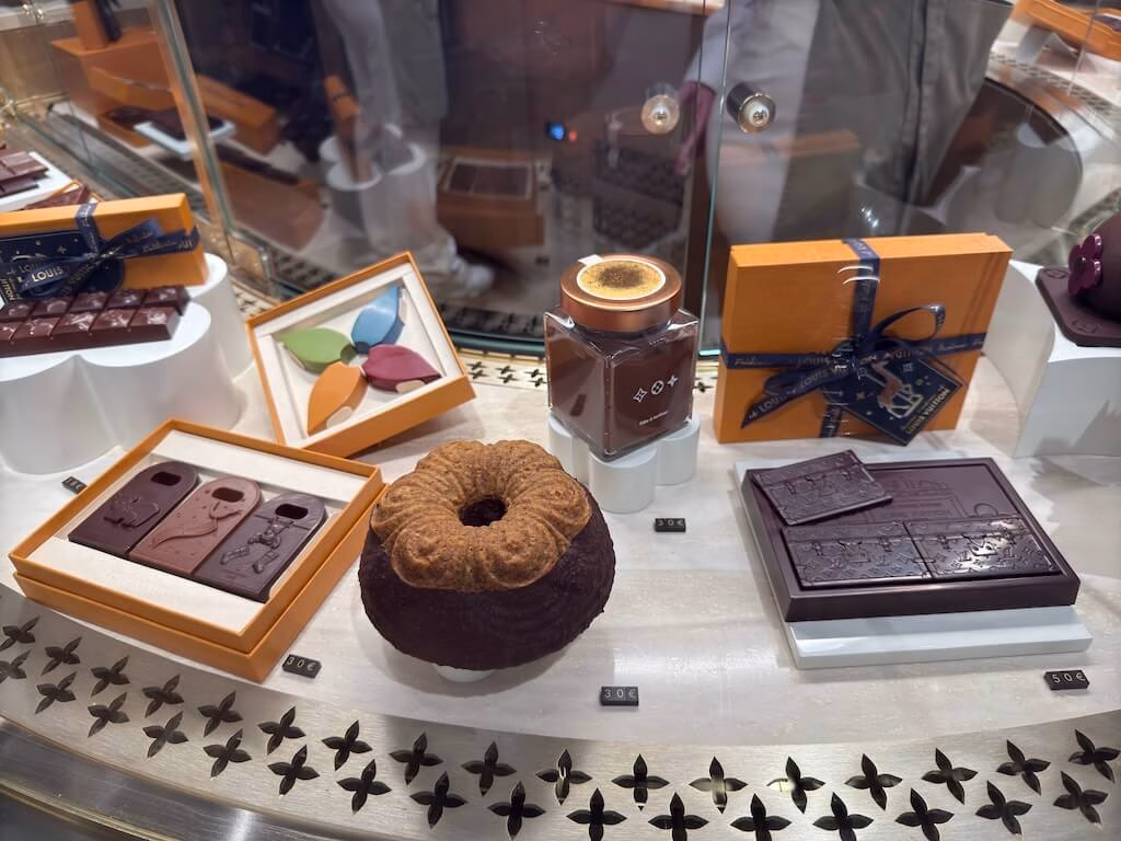 Luis Vuitton's chocolates displayed outside of the cafe.