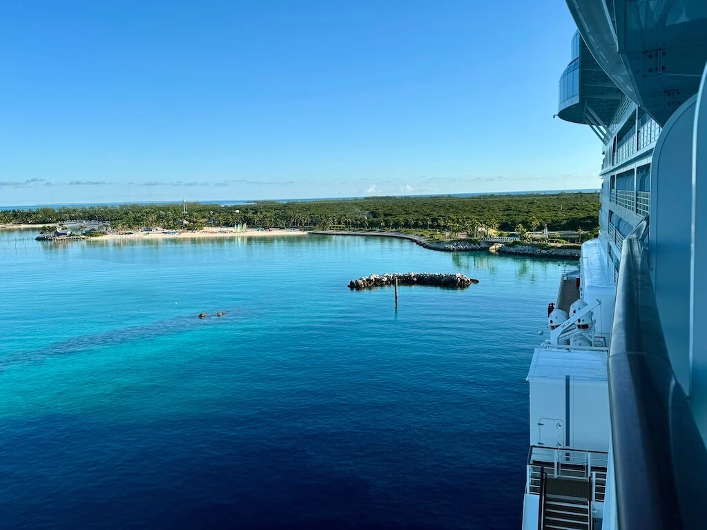 View of Disney’s private island, Castaway Cay, from the starboard side of a Disney Cruise ship.