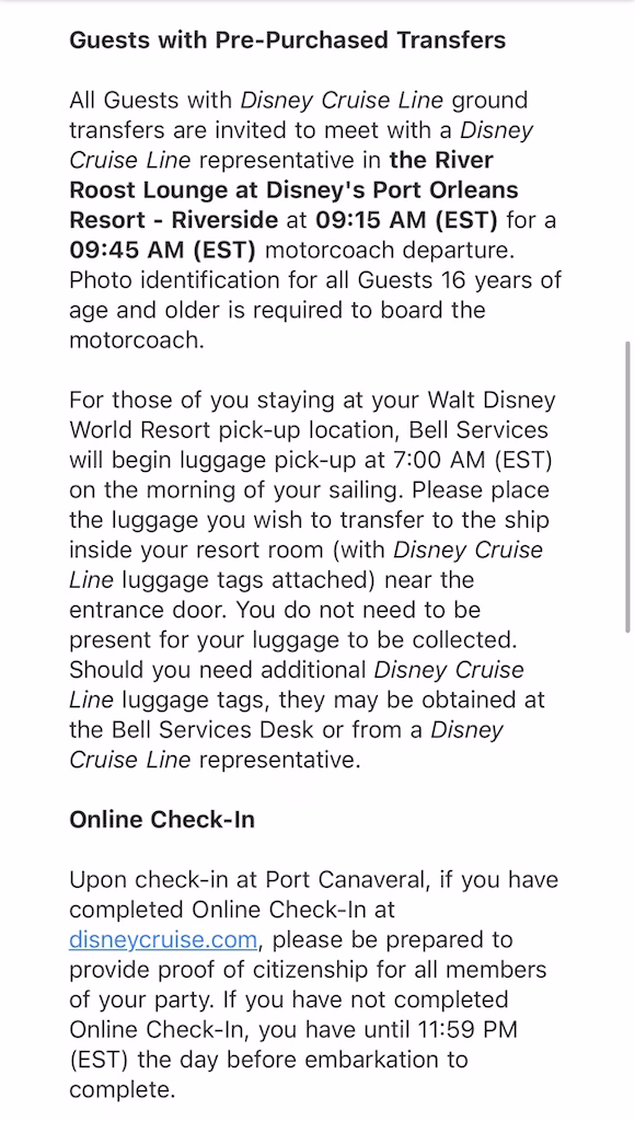 Disney Cruise Line ground transportation instructions for guests with pre-purchased transfers, including shuttle departure time from Port Orleans Resort and luggage pickup details