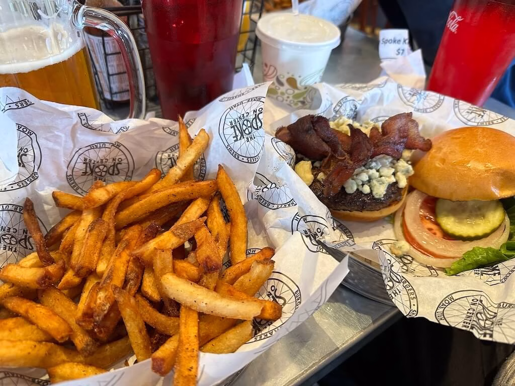 Bacon blue cheese burger and seasoned fries at The Spoke on Center, a popular Moab, Utah restaurant near Arches National Park.