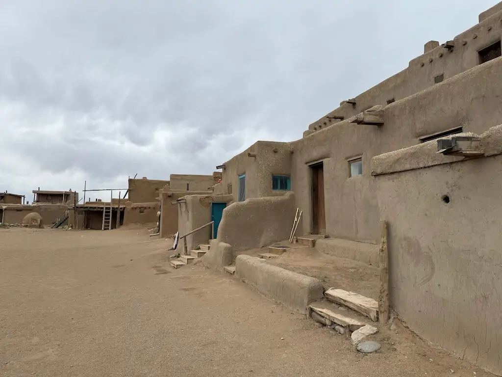 Close-up view of centuries-old adobe structures at Taos Pueblo, a UNESCO World Heritage Site in New Mexico.