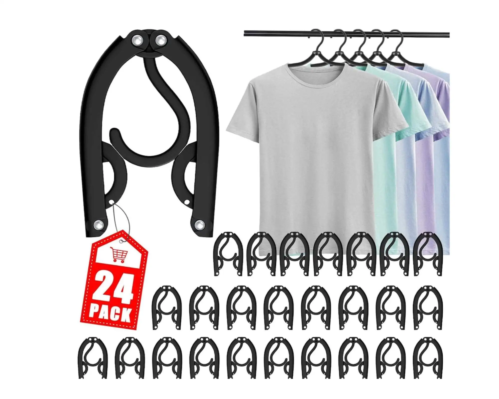 Black foldable travel hangers, shown compact and unfolded with T-shirts hanging, lightweight and space-saving for Disney Cruise packing and stateroom use.