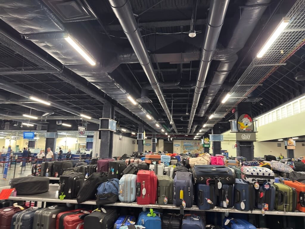 Disney Cruise luggage pickup area organized by character tag groups on disembarkation day