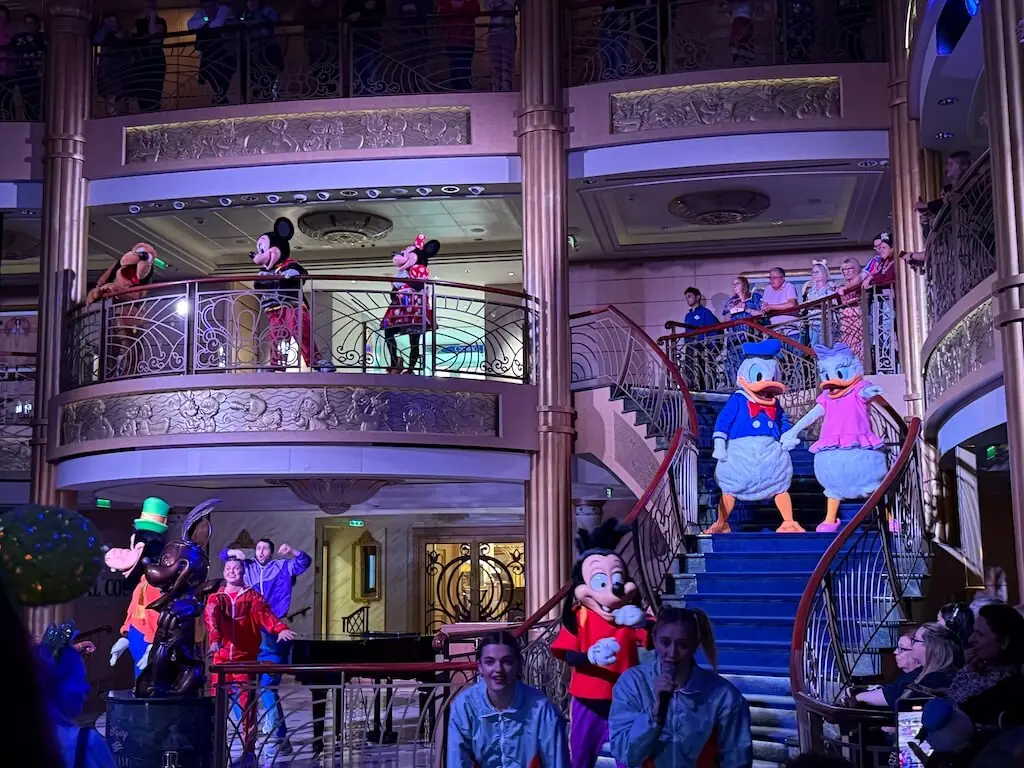 Disney Cruise See Ya Real Soon farewell party with Mickey and Minnie in the atrium