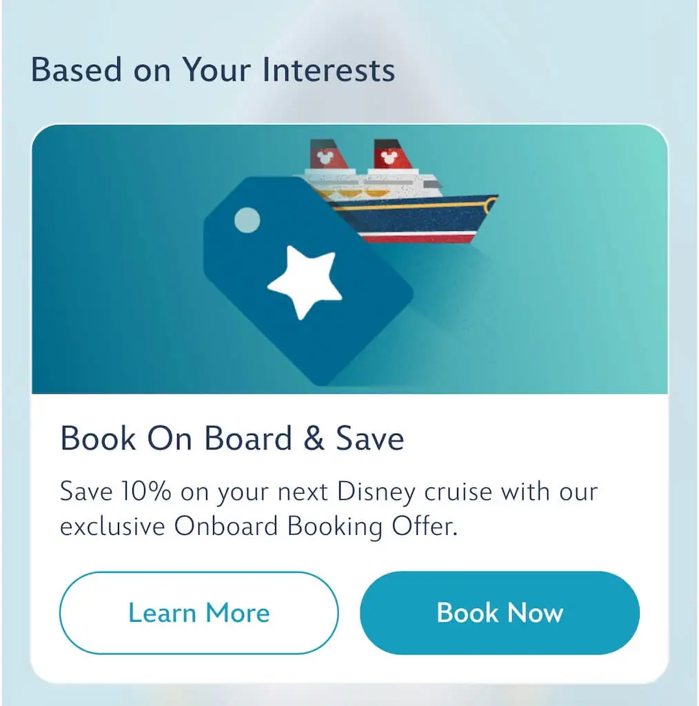 Disney Cruise Line placeholder onboard booking offer saving 10 percent on a future cruise