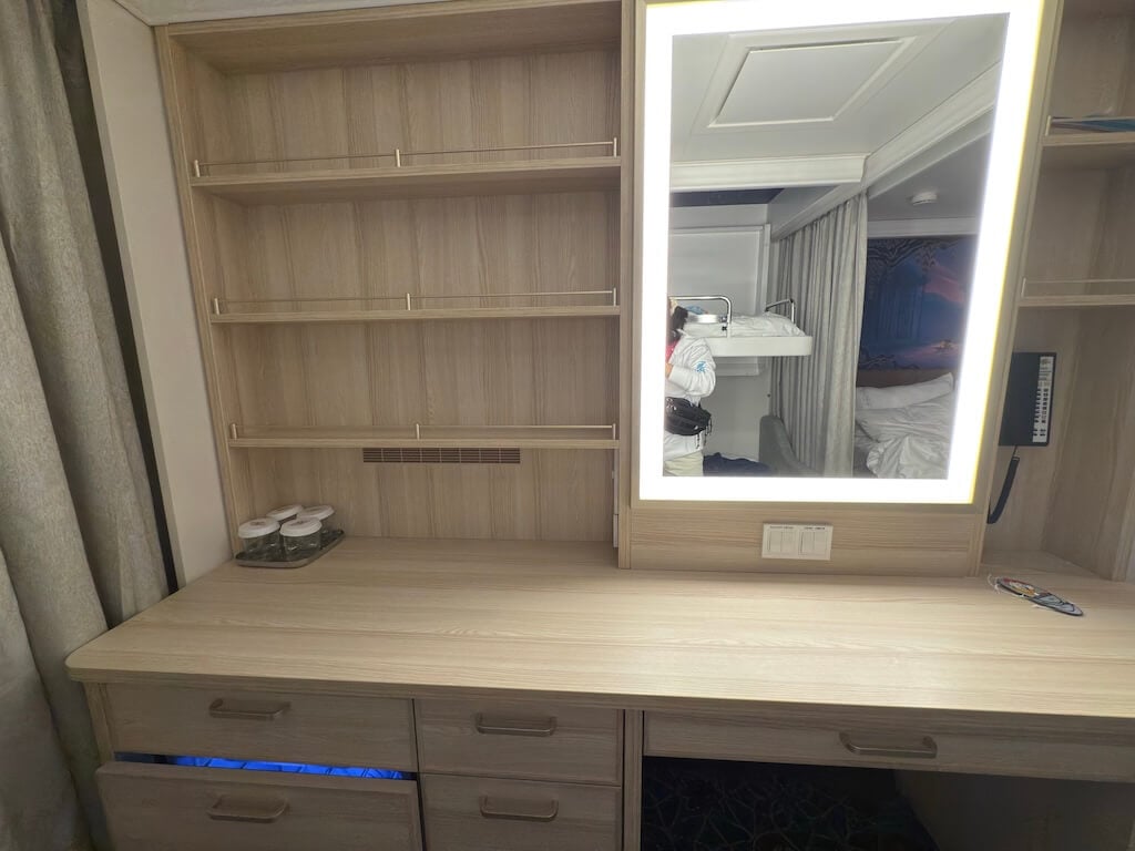 Disney Cruise Stateroom Packing and Cabin Check on the Last Night - Tomo Travel & Camping Disney Cruise stateroom drawers and desk checked for forgotten items before disembarkation