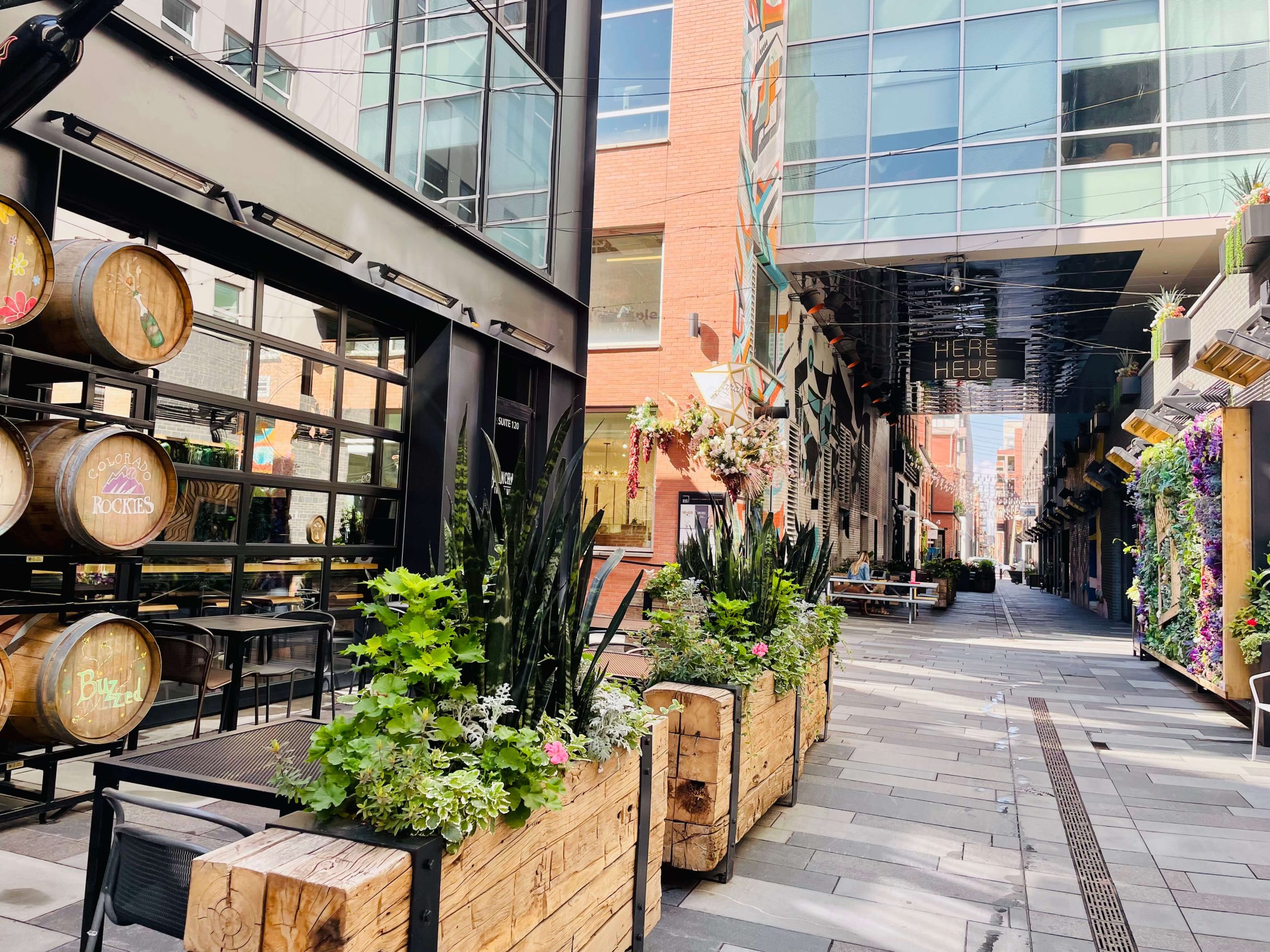 Denver Downtown Dairy Block - Tomo Travel & Camping Outdoor urban alley with cafe seating, wooden planters, and abundant greenery against glass-fronted buildings on a sunny day at Dairy Block in downtown Denver.
