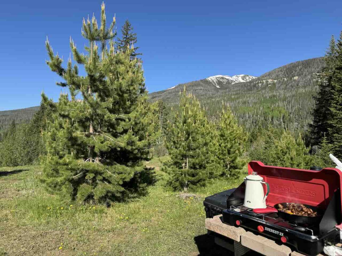 Camp stove cooking breakfast with a snow-capped mountain and pine trees in the background during a family tent camping trip in a national park