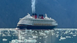Disney Wonder cruise ship sailing through floating ice in an Alaska fjord