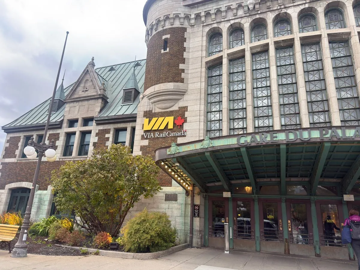 VIA Rail Canada sign at the historic Gare du Palais train station in Quebec City