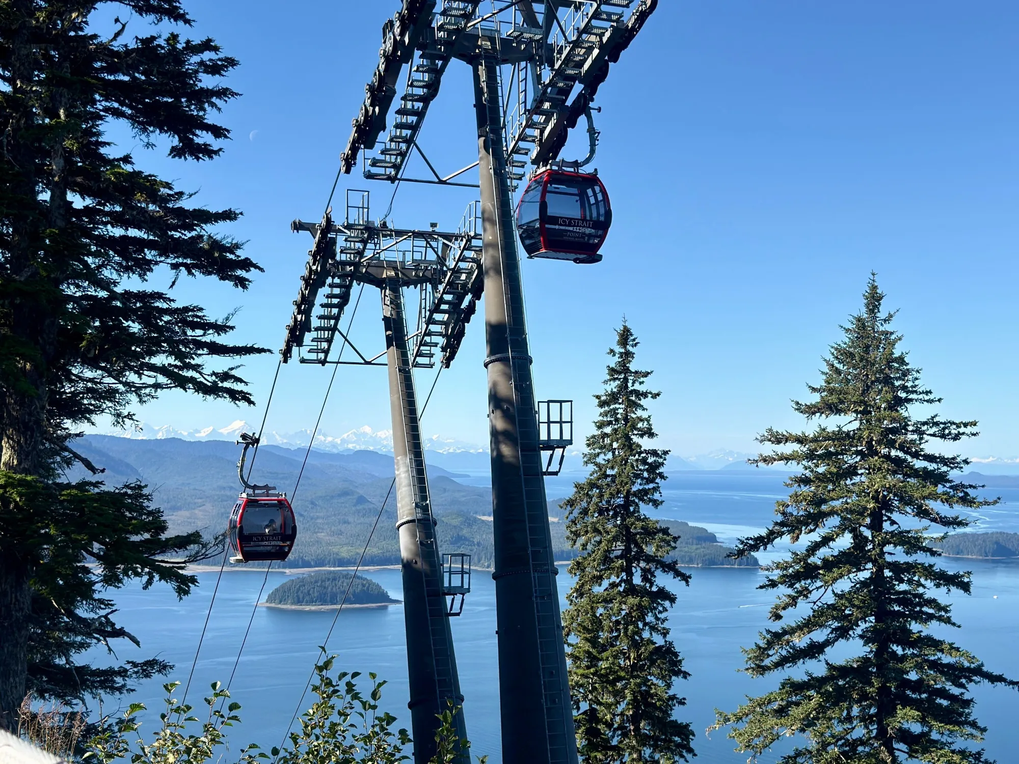 Red gondola cars above the forest and sea on a sunny September day at Icy Strait Point, Alaska