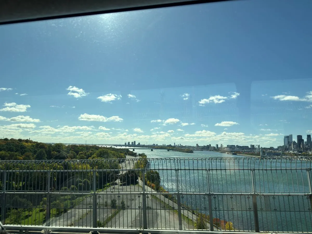 View of Montreal and the St. Lawrence River from the bus window